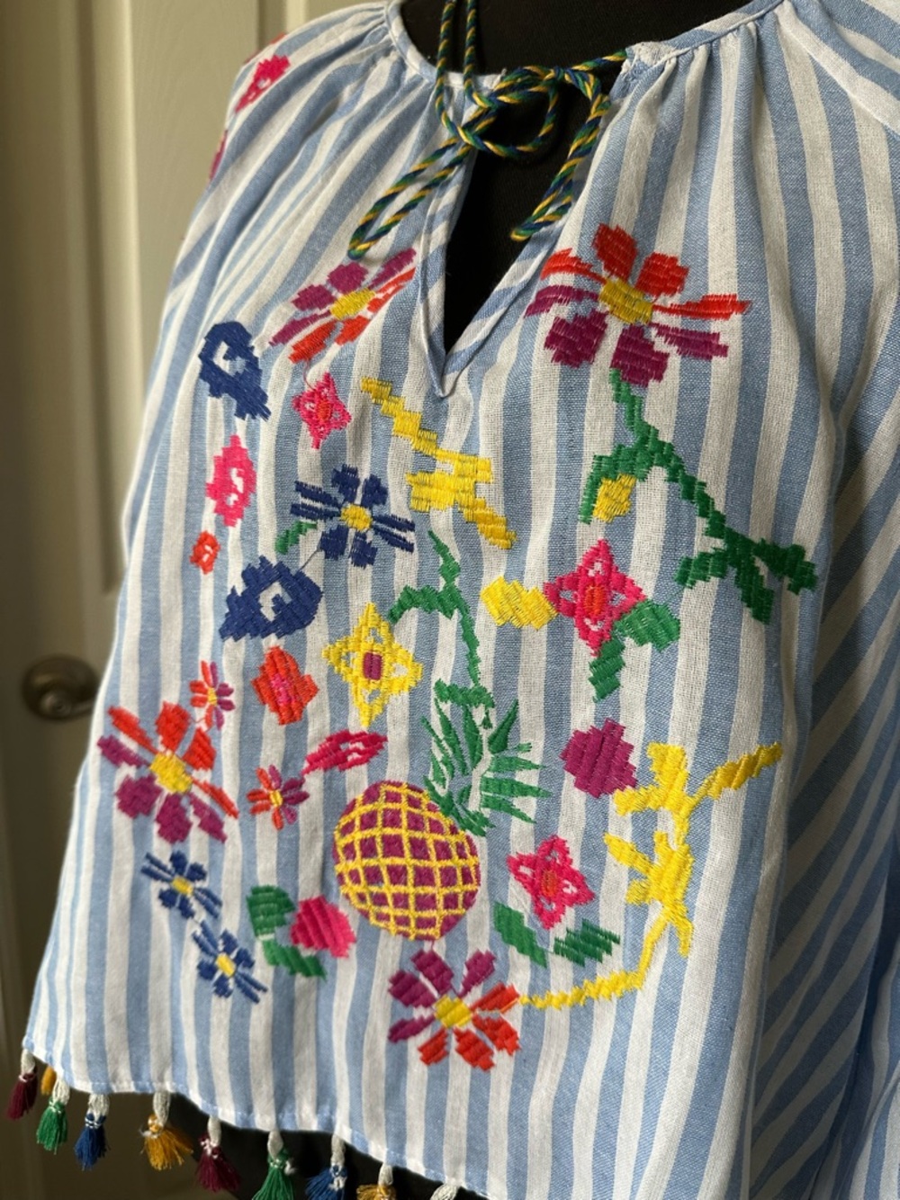 Zara Blue White Striped Embroidered Tassel Peasant Blouse Size M - Picture 5 of 15